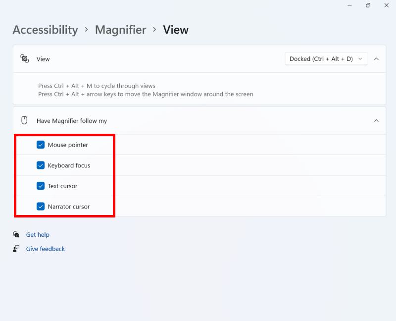 Use the Have Magnifier follow my options to adjust what the Magnifier tracks